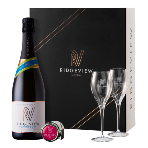 Bottle of Ridgeview Bloomsbury Wine with Black Gift Box, Two Glasses and Bottle Stopper
