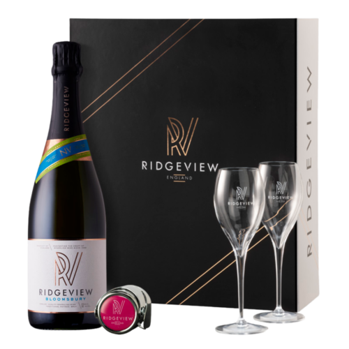 Bottle of Ridgeview Bloomsbury Wine with Black Gift Box, Two Glasses and Bottle Stopper