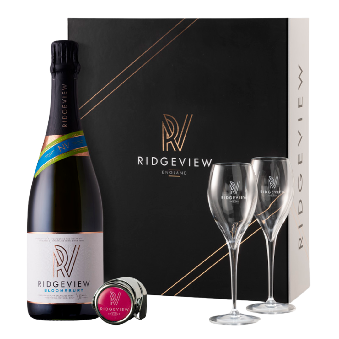 Bottle of Ridgeview Bloomsbury Wine with Black Gift Box, Two Glasses and Bottle Stopper