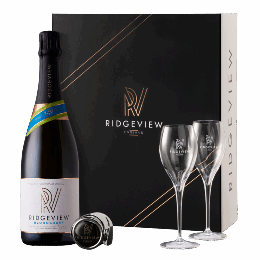Gift Box Set of Bloomsbury bottle with two glasses and a bottle stopper