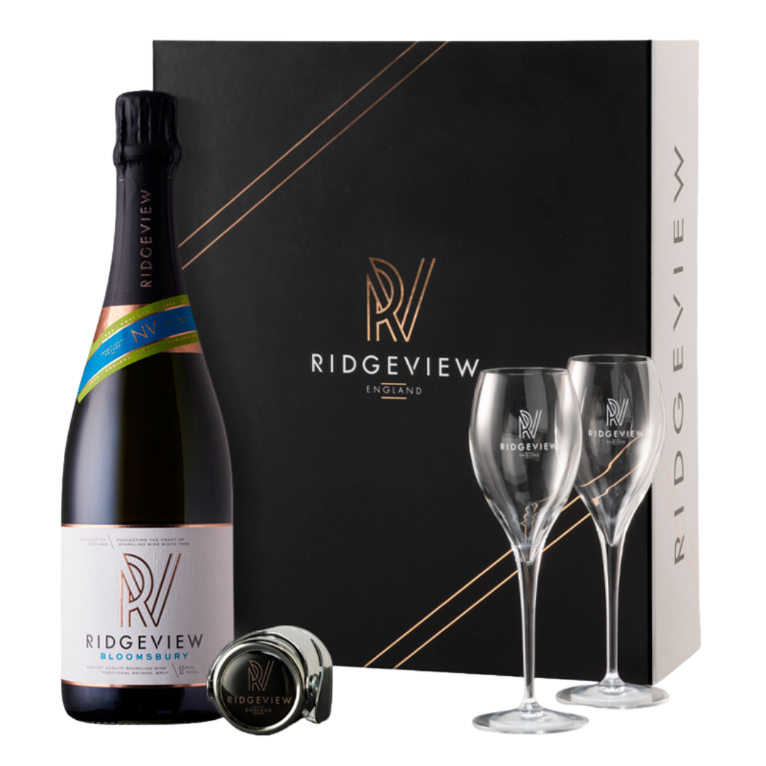 Gift Box Set of Bloomsbury bottle with two glasses and a bottle stopper