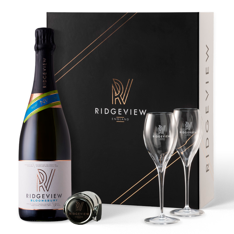 Bottle of Bloomsbury wine with two glasses and gift box