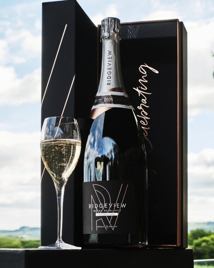Ridgeview Wine Estate, English Sparkling Wine Magnum Blanc de Blancs in front of our Chardonnay Vineyard and a bespoke gift box