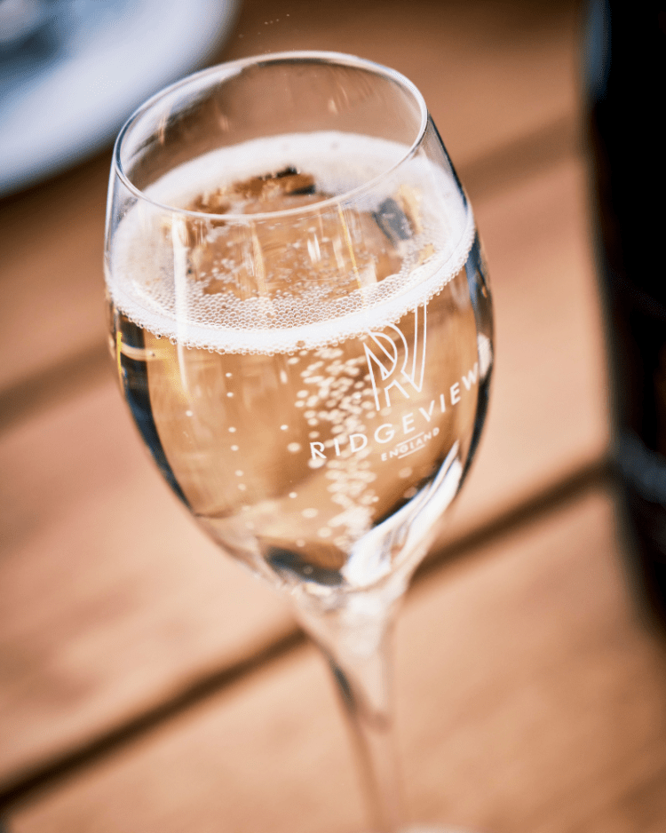 Ridgeview Wine Estate, English Sparkling Wine bubbling in a glass