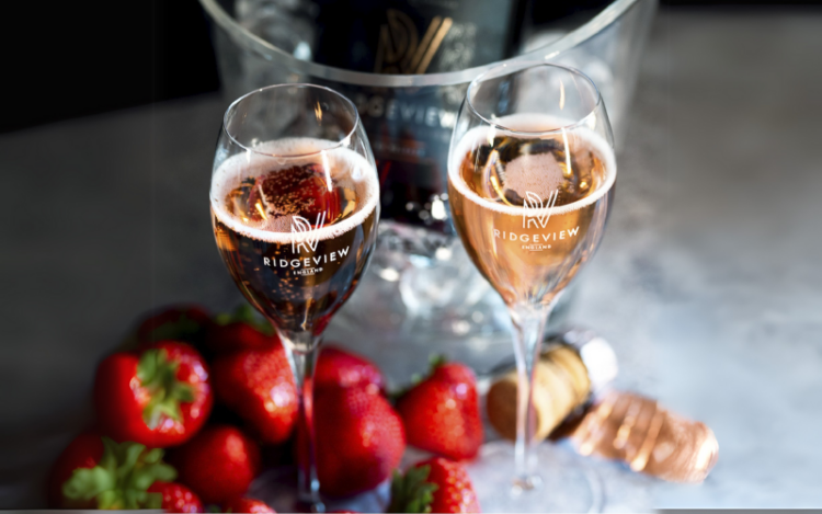 Two glasses of rosé with strawberries on the table and a bottle in an ice bucket in the background
