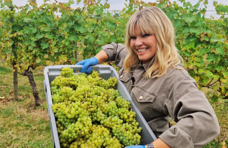 TV and Radio Presenter Kate Thornton visits Ridgeview vineyard holding grapes