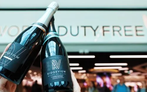 Two bottles of Ridgeview Wine in Duty Free at Gatwick Airport