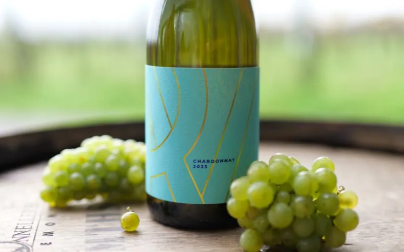 A bottle of Ridgeview's still Chardonnay with a bright blue label, on an oak barrel with Chardonnay grapes and the vineyard in the background.