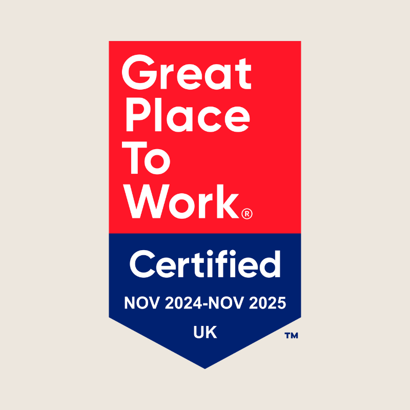 A red and blue logo saying Great Place to Work Certified (November 2024 to November 2025)