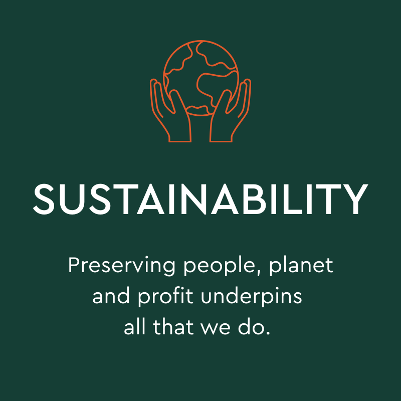 Graphic or world being hold and text explaining sustainability is important to Ridgeview